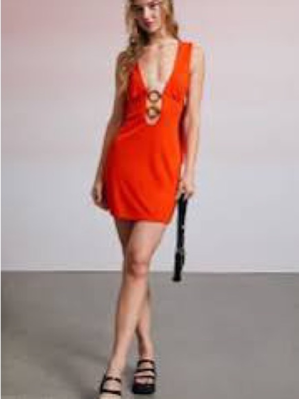 Sleeveless Plunge Mini Dress with Ring Detail - Orange